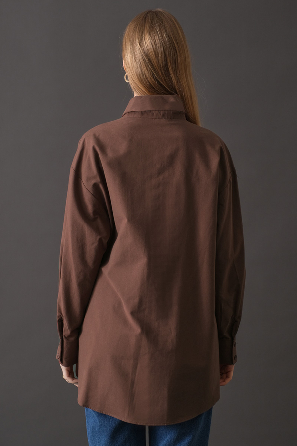 Drop-Shoulder Buttoned Shirt Brown - 8