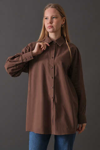 Drop-Shoulder Buttoned Shirt Brown - 4