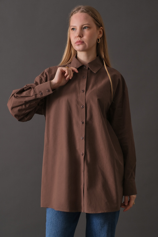 Drop-Shoulder Buttoned Shirt Brown - 4