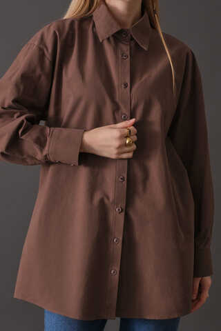 Drop-Shoulder Buttoned Shirt Brown - 5