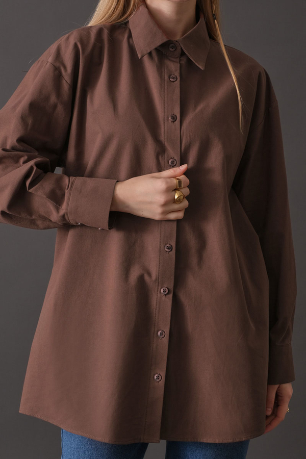 Drop-Shoulder Buttoned Shirt Brown - 5
