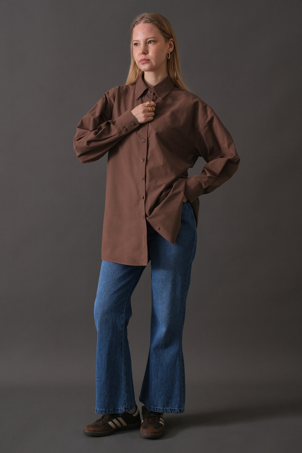 Drop-Shoulder Buttoned Shirt Brown - 6