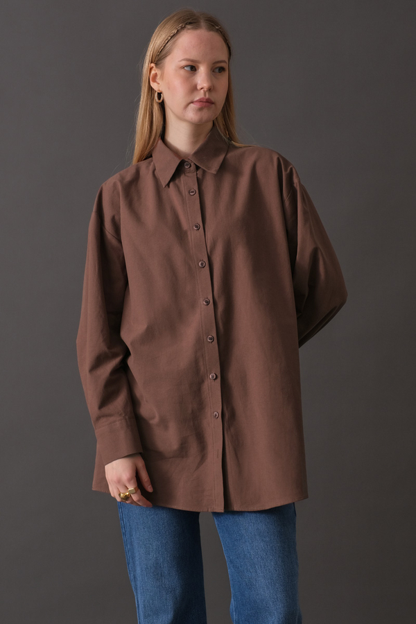 Drop-Shoulder Buttoned Shirt Brown - 7