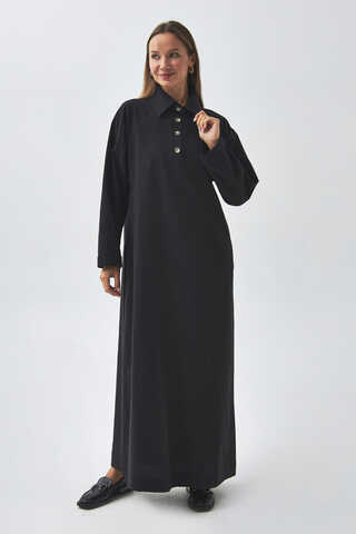 Dropped Shoulder Buttoned Dress Black - 4