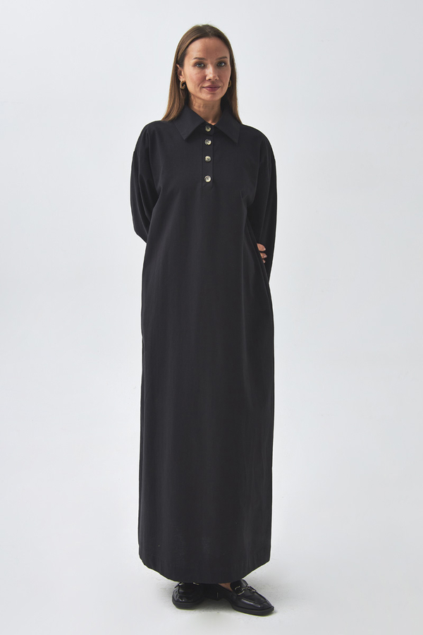 Dropped Shoulder Buttoned Dress Black - 5