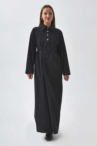 Dropped Shoulder Buttoned Dress Black - 6