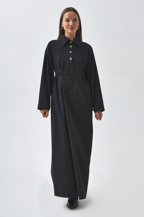 Dropped Shoulder Buttoned Dress Black - 6