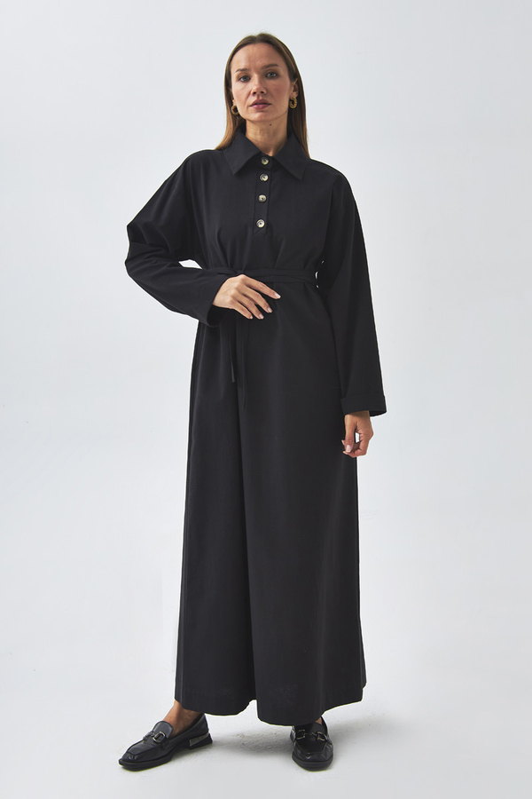 Dropped Shoulder Buttoned Dress Black - 7