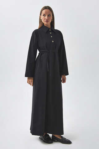 Dropped Shoulder Buttoned Dress Black - 3