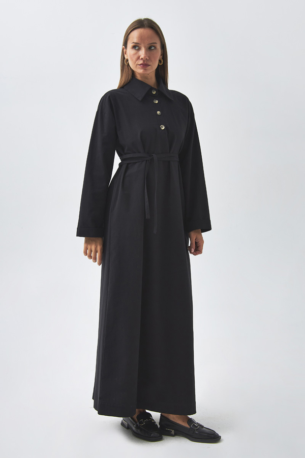 Dropped Shoulder Buttoned Dress Black - 3