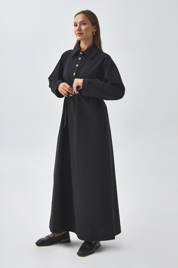 Dropped Shoulder Buttoned Dress Black - 8