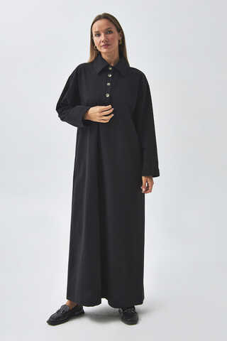 Dropped Shoulder Buttoned Dress Black - 2