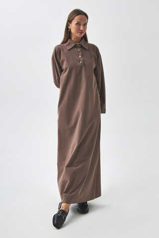 Dropped Shoulder Buttoned Dress Brown - 5