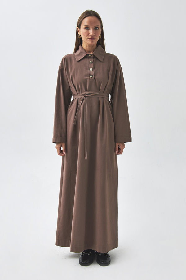 Dropped Shoulder Buttoned Dress Brown - 7