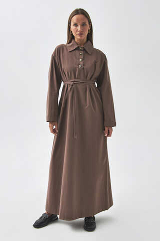 Dropped Shoulder Buttoned Dress Brown - 1