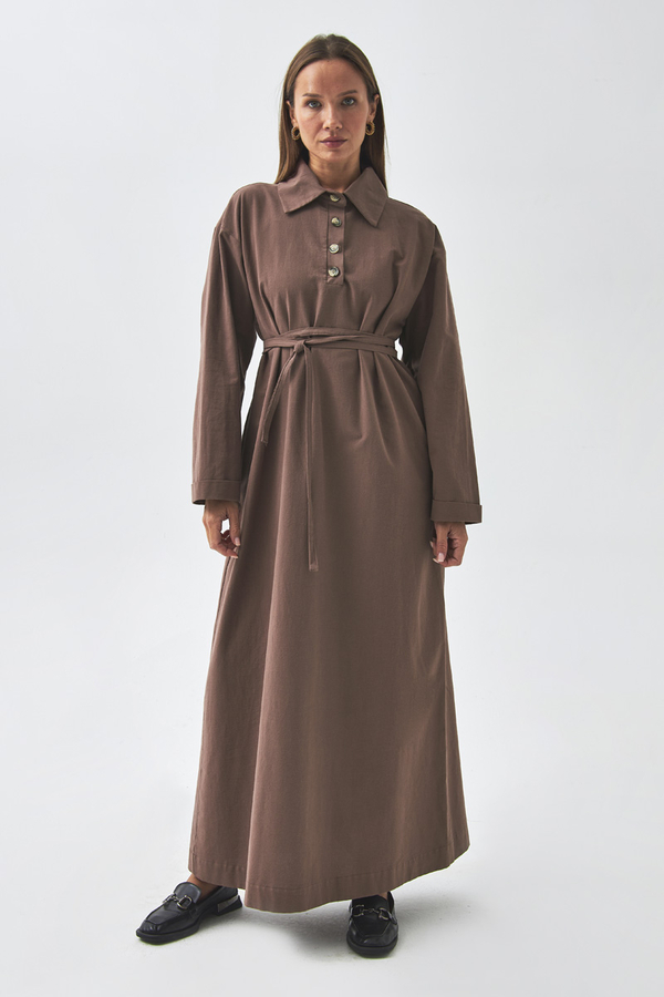 Dropped Shoulder Buttoned Dress Brown - 1