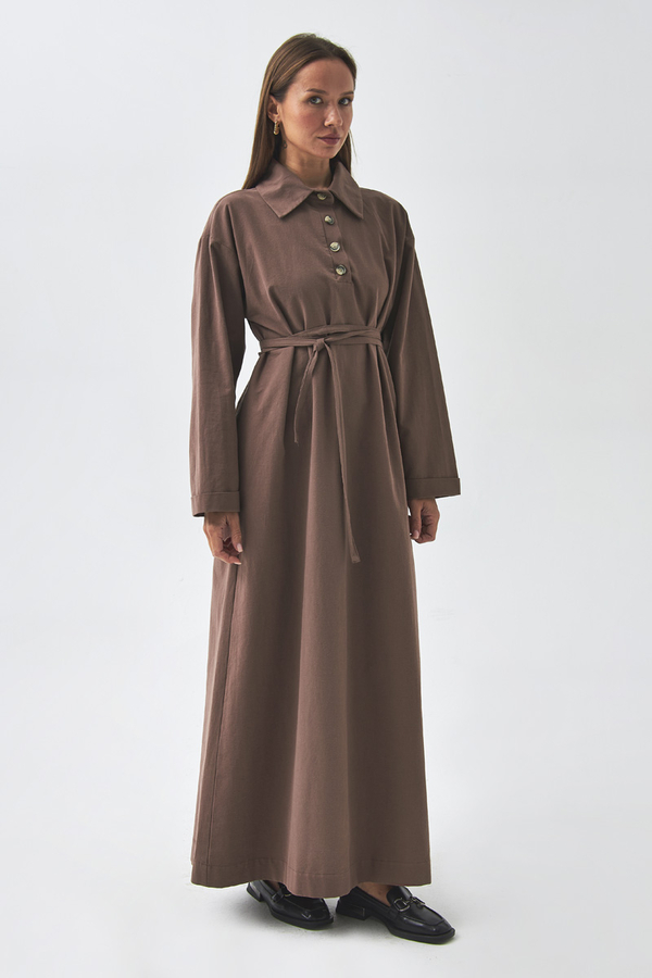Dropped Shoulder Buttoned Dress Brown - 9