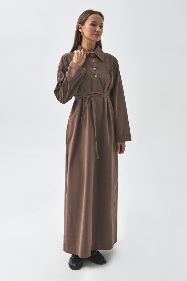 Dropped Shoulder Buttoned Dress Brown - 10
