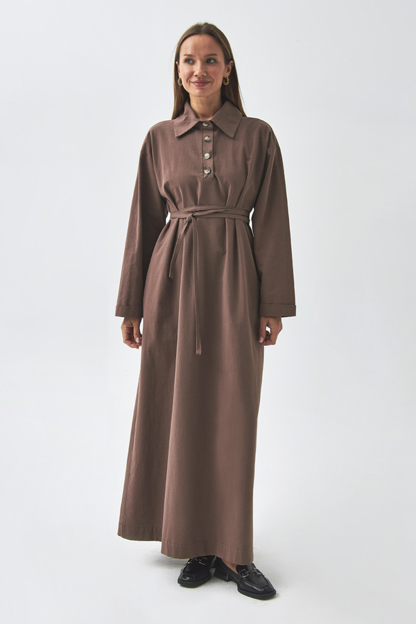 Dropped Shoulder Buttoned Dress Brown - 11