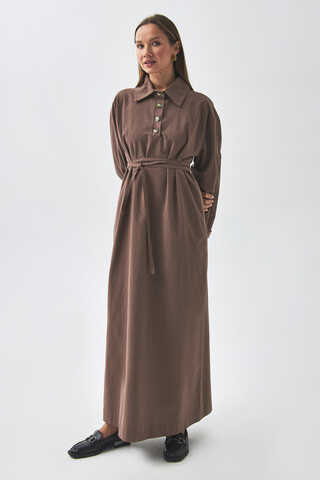 Dropped Shoulder Buttoned Dress Brown - 12