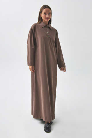 Dropped Shoulder Buttoned Dress Brown - 6