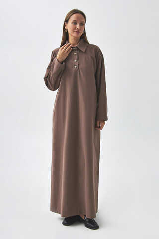 Dropped Shoulder Buttoned Dress Brown - 3