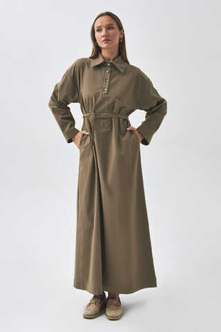 Dropped Shoulder Buttoned Dress Earth Tone - 9