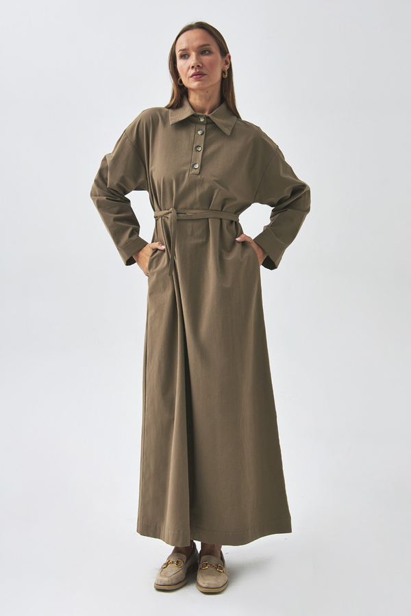 Dropped Shoulder Buttoned Dress Earth Tone - 9