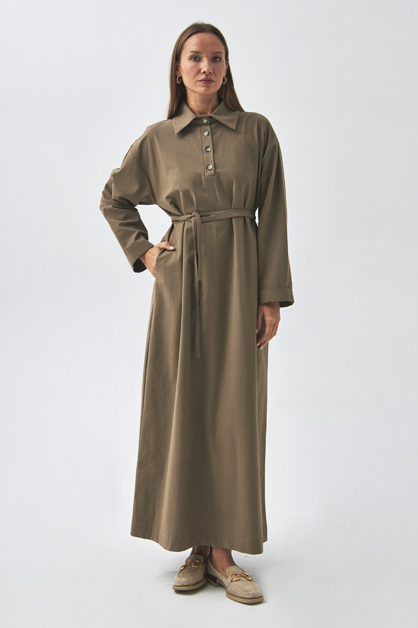 Dropped Shoulder Buttoned Dress Earth Tone - 10