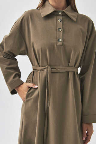 Dropped Shoulder Buttoned Dress Earth Tone - 4