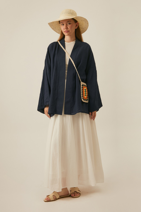 Dropped Shoulder Kimono Navy Blue - 2