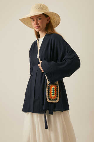 Dropped Shoulder Kimono Navy Blue - 1