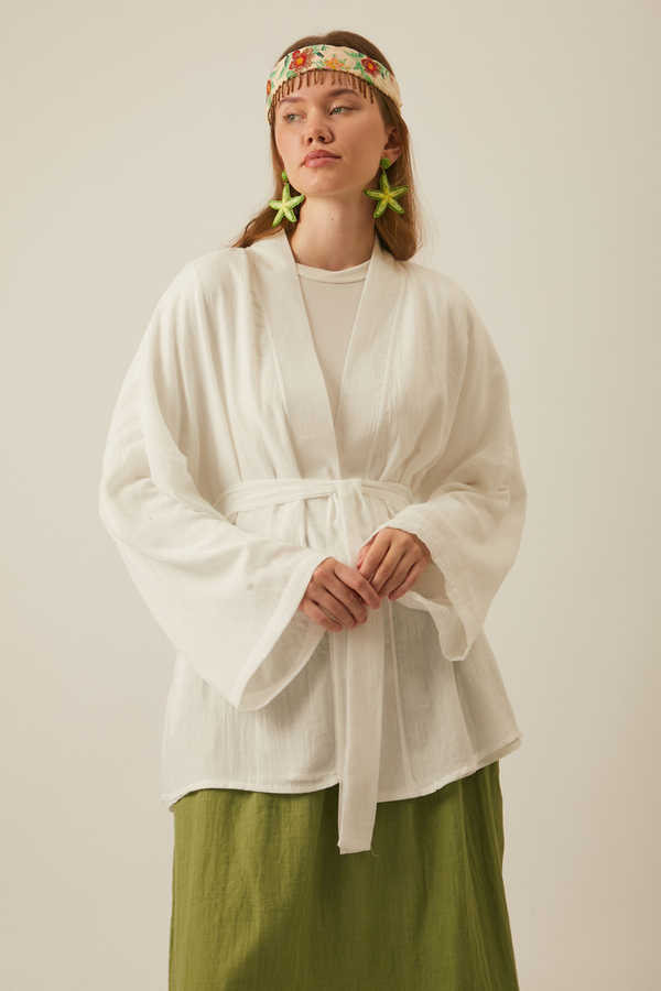 Dropped Shoulder Kimono White - 7