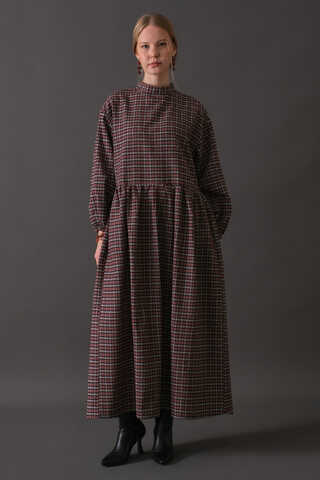 Dropped Shoulder Plaid Dress Burgundy - 1