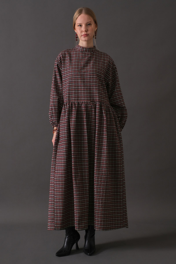 Dropped Shoulder Plaid Dress Burgundy 
