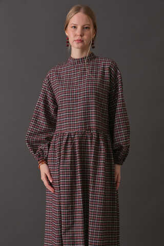 Dropped Shoulder Plaid Dress Burgundy - 5