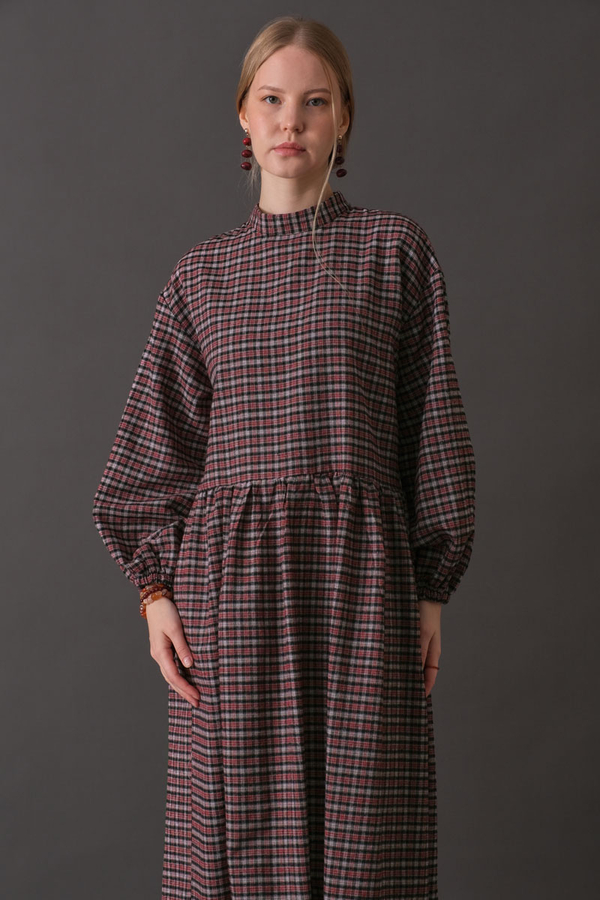 Dropped Shoulder Plaid Dress Burgundy - 5