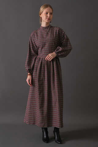 Dropped Shoulder Plaid Dress Burgundy - 4