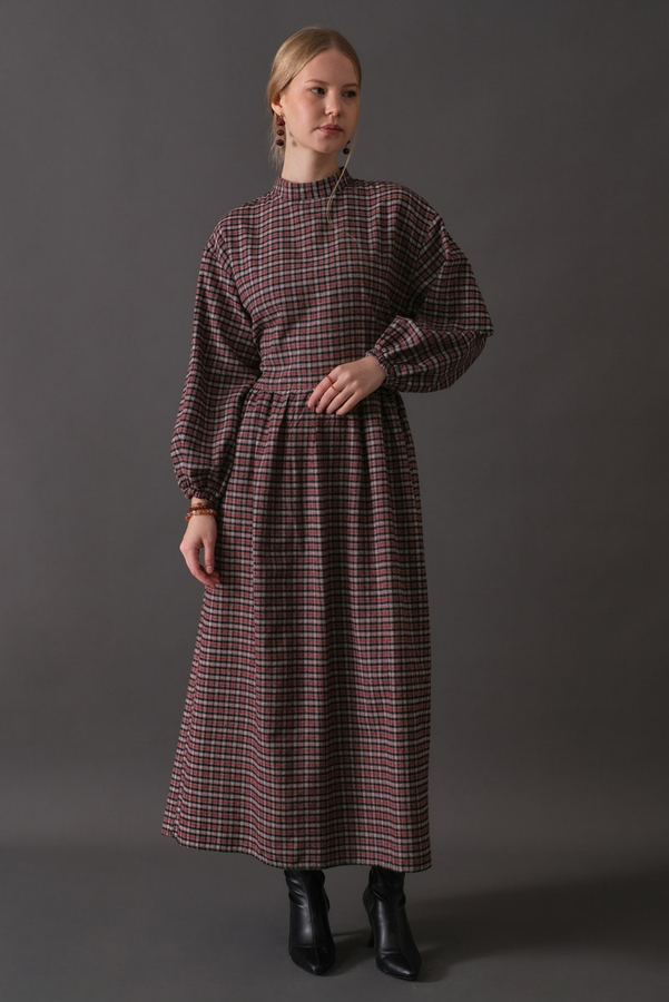 Dropped Shoulder Plaid Dress Burgundy - 4