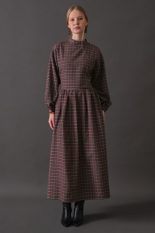 Dropped Shoulder Plaid Dress Burgundy - 6