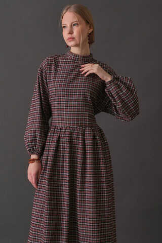 Dropped Shoulder Plaid Dress Burgundy - 2