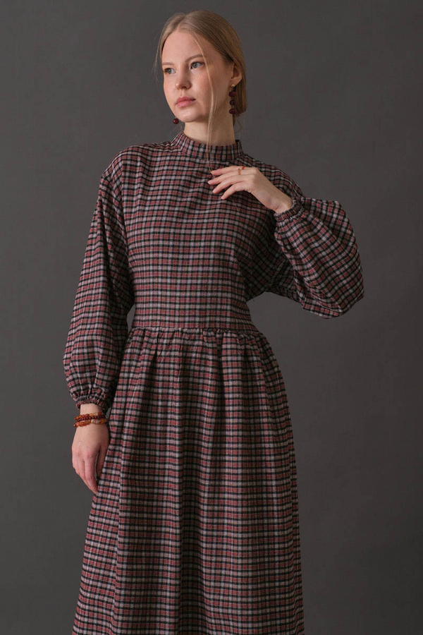 Dropped Shoulder Plaid Dress Burgundy - 2