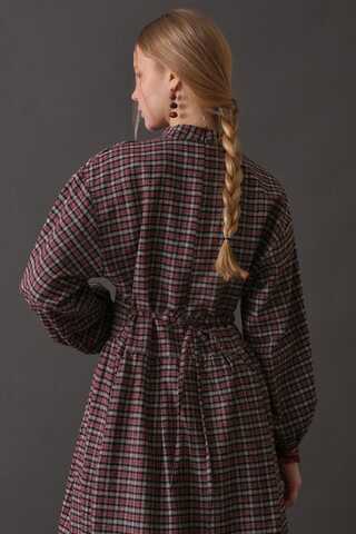 Dropped Shoulder Plaid Dress Burgundy - 12