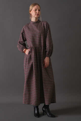 Dropped Shoulder Plaid Dress Burgundy - 3