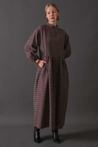 Dropped Shoulder Plaid Dress Burgundy - 7