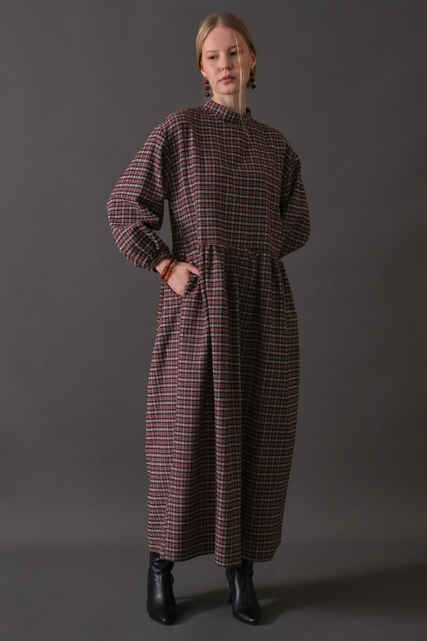 Dropped Shoulder Plaid Dress Burgundy - 7