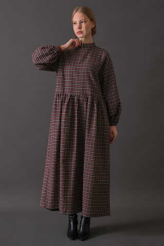 Dropped Shoulder Plaid Dress Burgundy - 8