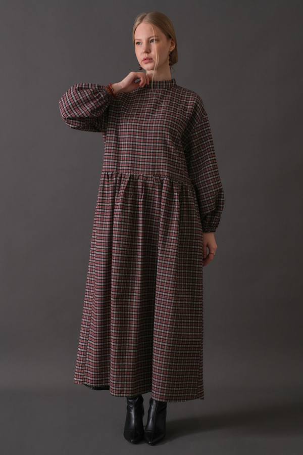 Dropped Shoulder Plaid Dress Burgundy - 8