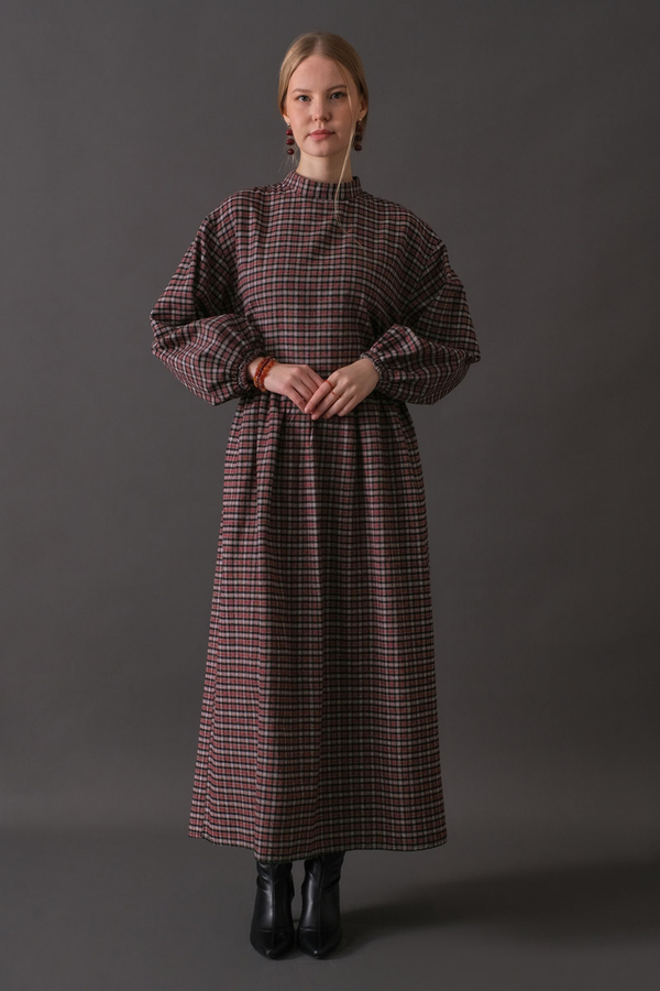 Dropped Shoulder Plaid Dress Burgundy - 9