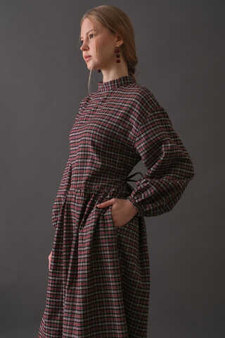 Dropped Shoulder Plaid Dress Burgundy - 11